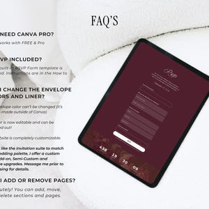 Puede incluir: Una tableta digital que muestra un formulario de RSVP de boda con un fondo burdeos. La tableta est&aacute; sobre una superficie blanca, con el texto "FAQ'S" en la parte superior. El texto en la pantalla incluye preguntas sobre Canva Pro, la inclusi&oacute;n de RSVP y la personalizaci&oacute;n de sobres.