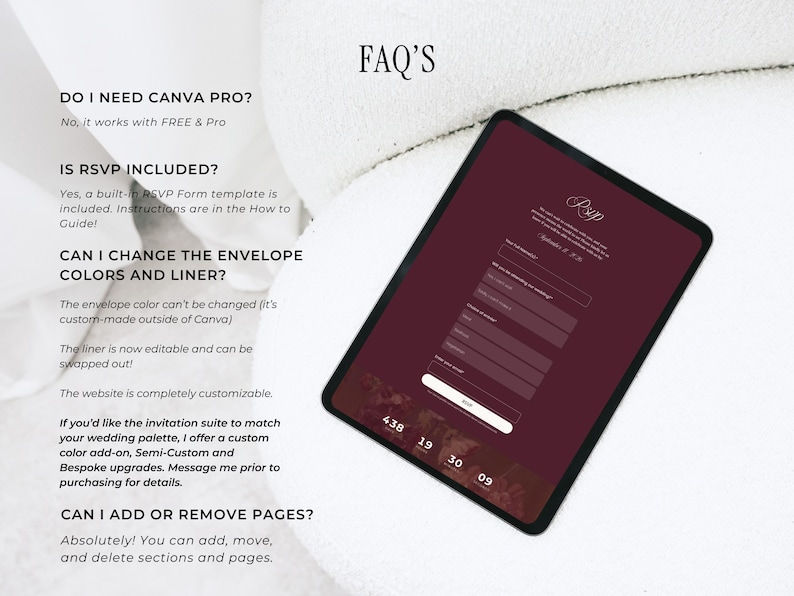Puede incluir: Una tableta digital que muestra un formulario de RSVP de boda con un fondo burdeos. La tableta est&aacute; sobre una superficie blanca, con el texto "FAQ'S" en la parte superior. El texto en la pantalla incluye preguntas sobre Canva Pro, la inclusi&oacute;n de RSVP y la personalizaci&oacute;n de sobres.