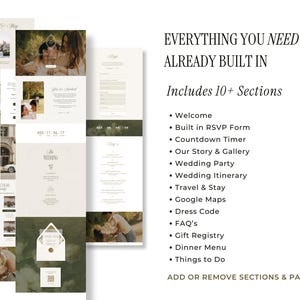 May include: A collection of wedding website templates with a minimalist design. The templates feature photos, text, and sections for RSVP, countdown timer, and more. Text on the image reads "EVERYTHING YOU NEED ALREADY BUILT IN" and "Includes 10+ Sections."