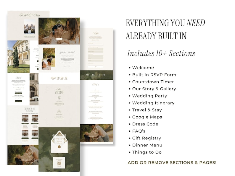 May include: A collection of wedding website templates with a minimalist design. The templates feature photos, text, and sections for RSVP, countdown timer, and more. Text on the image reads "EVERYTHING YOU NEED ALREADY BUILT IN" and "Includes 10+ Sections."