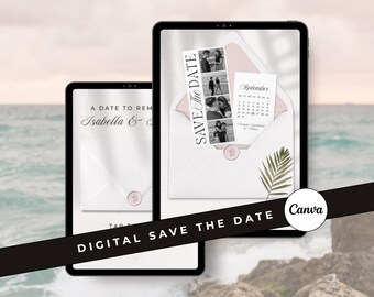 Blush Pink Photo Strip Save the Date Digital Wedding Website Invitation Canva Template with RSVP (Digital Download)