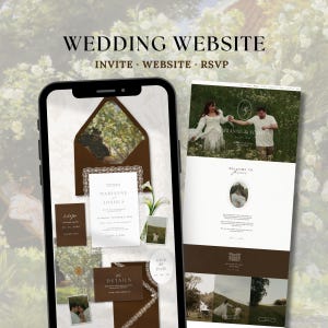 May include: A digital display showing a wedding website template on a smartphone and a desktop screen. The design features a dark brown color palette, white text, and floral imagery. Elements include an invitation, RSVP card, and details card.