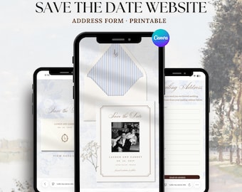 Sjabloon voor oud geld: bewaar deze datum trouwwebsite | Stoffig blauw en bruin luxe digitale uitnodiging | Bewerkbare canvassjabloon