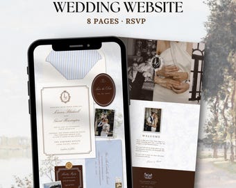 Websitesjabloon voor oude geldbruiloft met RSVP | Stoffig blauw en bruin digitale uitnodiging Save the Date | Bewerkbare canvassjabloon