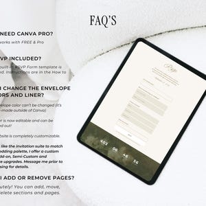May include: A digital tablet displaying a wedding RSVP form, with a soft green and beige color scheme. The tablet is on a white surface, with the text "FAQ's" at the top. The screen shows fields for guest information.