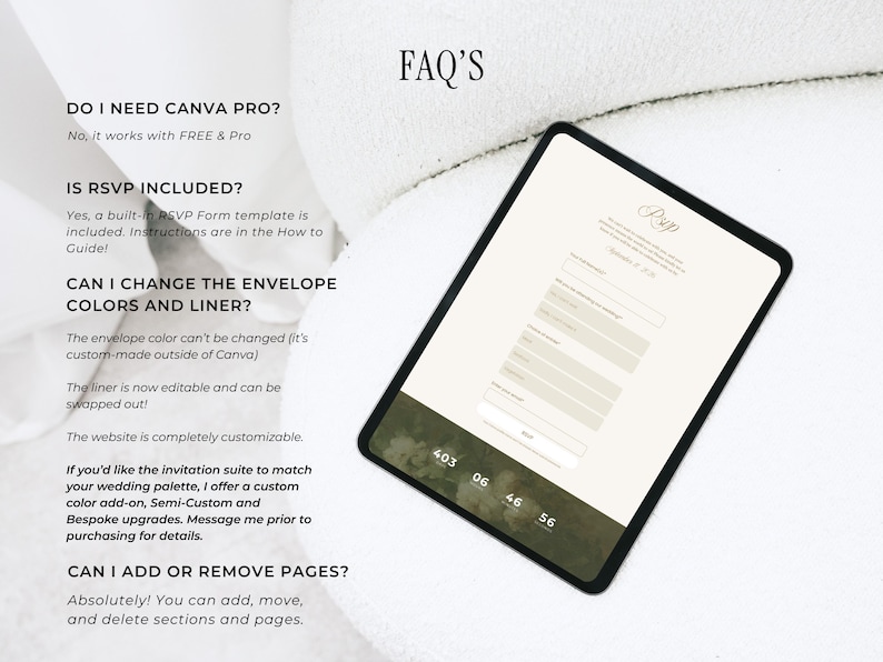 May include: A digital tablet displaying a wedding RSVP form, with a soft green and beige color scheme. The tablet is on a white surface, with the text "FAQ's" at the top. The screen shows fields for guest information.