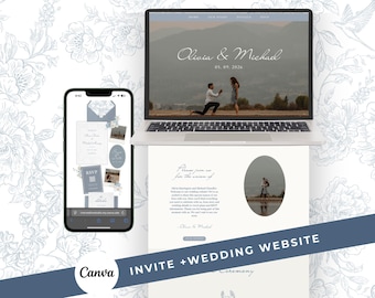 Dusty Blue Wedding Website: Garden Party Canva Wedding Website Template with RSVP Classic Digital Wedding Invite Suite  (Digital Download)