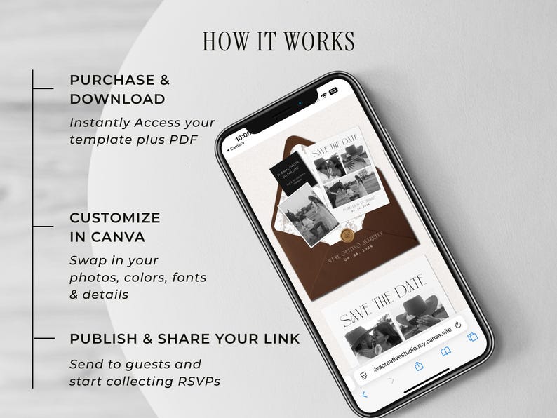May include: A smartphone displays a wedding invitation template with the text "SAVE THE DATE." The screen shows a brown envelope design with photos and text. The image also includes the steps: Purchase & Download, Customize in Canva, and Publish & Share Your Link.