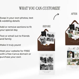 May include: Wedding invitation design with "Save the Date" cards and envelopes. The image shows examples of customizable options, including photo and text changes. The text reads "What you can customize".