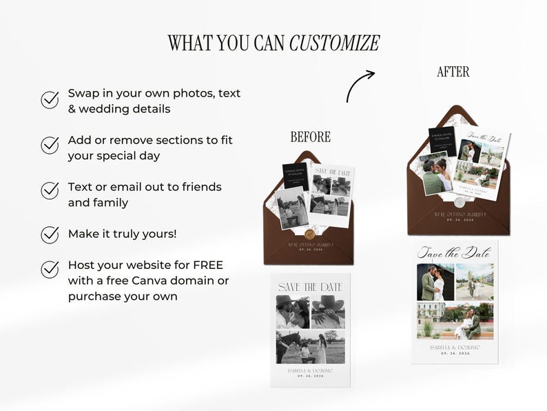 May include: Wedding invitation design with "Save the Date" cards and envelopes. The image shows examples of customizable options, including photo and text changes. The text reads "What you can customize".