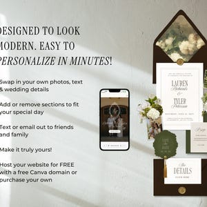 Op de afbeelding: Een moderne trouwuitnodigingssuite met een donkerbruine envelop, uitnodiging, RSVP-kaart en detailkaart. De tekst luidt: "Ontworpen om er modern uit te zien. Gemakkelijk te personaliseren in minuten!" met extra details.