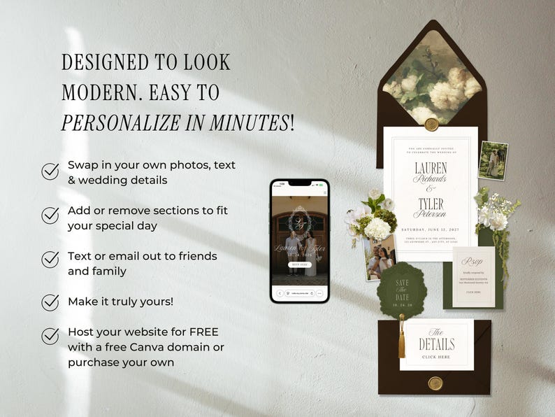 Op de afbeelding: Een moderne trouwuitnodigingssuite met een donkerbruine envelop, uitnodiging, RSVP-kaart en detailkaart. De tekst luidt: "Ontworpen om er modern uit te zien. Gemakkelijk te personaliseren in minuten!" met extra details.