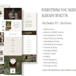 Op de afbeelding: Presentatie van trouwwebsite-sjablonen met verschillende secties, waaronder een RSVP-formulier en een galerij. Het ontwerp heeft een neutraal kleurenpalet met elegante lettertypen en lay-outs. De tekst bevat "Alles wat je nodig hebt, is al ingebouwd".