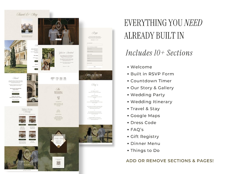 Op de afbeelding: Presentatie van trouwwebsite-sjablonen met verschillende secties, waaronder een RSVP-formulier en een galerij. Het ontwerp heeft een neutraal kleurenpalet met elegante lettertypen en lay-outs. De tekst bevat "Alles wat je nodig hebt, is al ingebouwd".