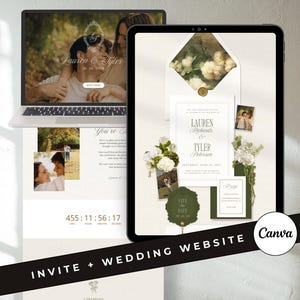 Pode incluir: Um laptop e um tablet exibem um design de site de casamento. O laptop mostra uma foto de um casal com os nomes "Lauren & Tyler" e a data. O tablet apresenta um design de convite com detalhes florais e o texto "Lauren & Tyler Peterson".