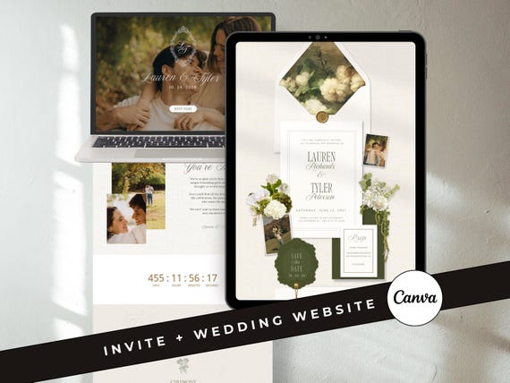 Old Money Wedding Invitation Website Canva Template Luxury Green Elegant Garden Digital Invite Save the Date with RSVP (Digital Download)