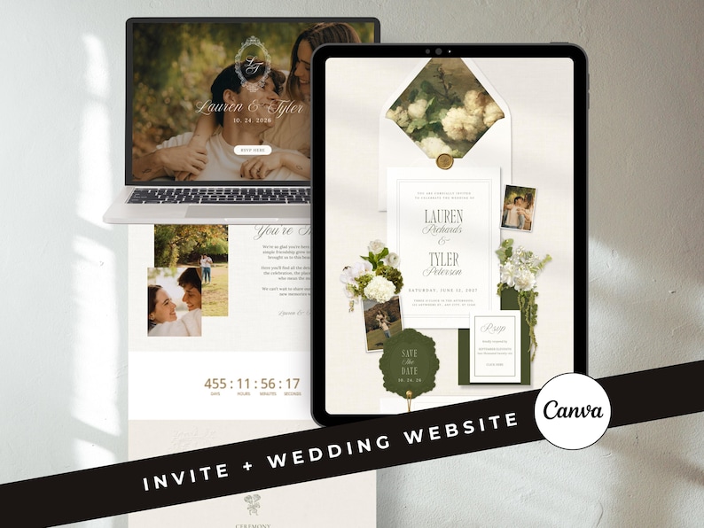 May include: A laptop and tablet display a wedding website design. The laptop shows a couple's photo with the names "Lauren & Tyler" and the date. The tablet features an invitation design with floral accents and the text "Lauren & Tyler Peterson".
