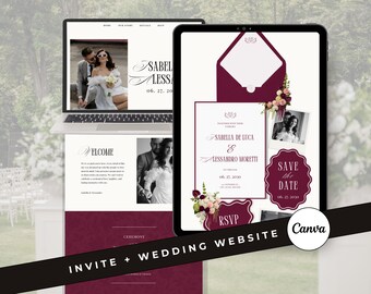 Old Money Wedding Website Template Destination Wedding Invitation Burgundy Canva Digital Invite with RSVP (Digital Download)