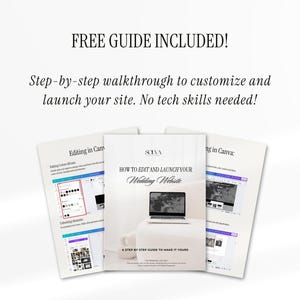 May include: A stack of three guides with the text "FREE GUIDE INCLUDED!" and "HOW TO EDIT AND LAUNCH YOUR Wedding Website." The guides provide a step-by-step walkthrough to customize and launch a website, with no tech skills needed.