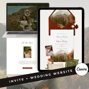 Puede incluir: Un portátil y una tableta muestran diseños de invitaciones de boda. El portátil muestra un sitio web con una foto de la pareja y texto. La tableta muestra una invitación con arte de montaña en acuarela y una foto. El texto dice "Lauren & Ethan" e "Invite + Wedding Website".