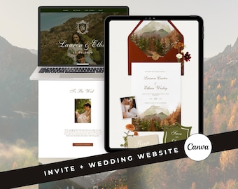 Mountain Wedding Website Template Fall Forest Digital Invitation Rustic Canva Wedding Invite with RSVP (Digital Download)