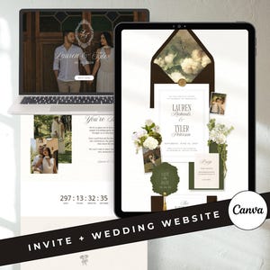 Op de afbeelding: Een laptop en tablet tonen een ontwerp voor een trouwwebsite. De laptop toont een stel met de tekst "Lauren & Tyler" en "06.24.2023". De tablet toont huwelijksuitnodigingen, foto's en bloemstukken. De tekst "INVITE + WEDDING WEBSITE" is zichtbaar.