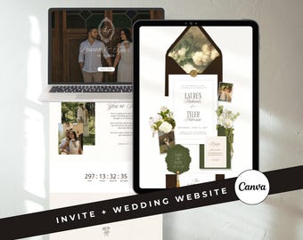 Old Money Wedding Website Template Brown Wedding Invite Luxury Green Digital Invitation Elegant Save the Date with RSVP (Digital Download)