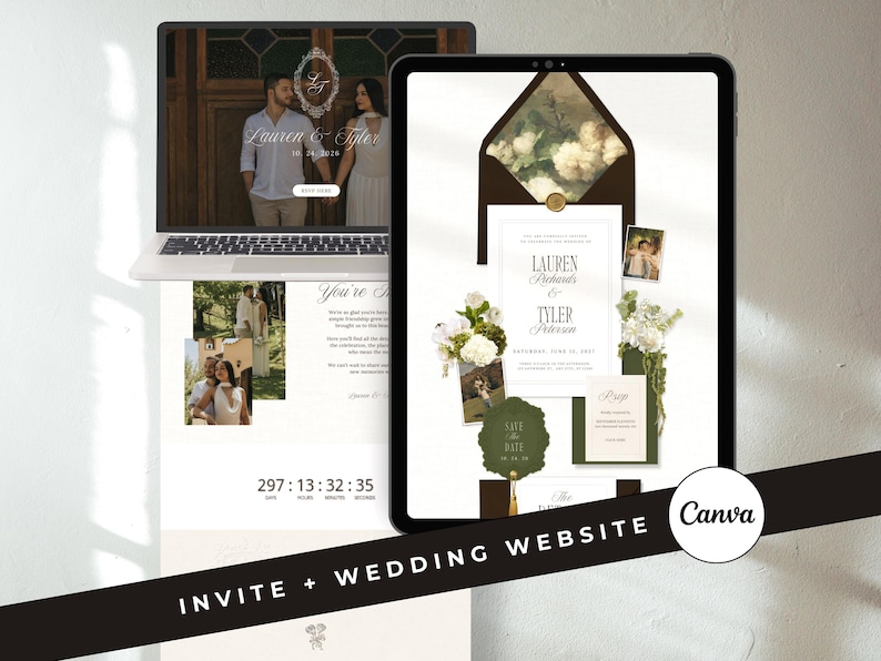 Op de afbeelding: Een laptop en tablet tonen een ontwerp voor een trouwwebsite. De laptop toont een stel met de tekst "Lauren & Tyler" en "06.24.2023". De tablet toont huwelijksuitnodigingen, foto's en bloemstukken. De tekst "INVITE + WEDDING WEBSITE" is zichtbaar.