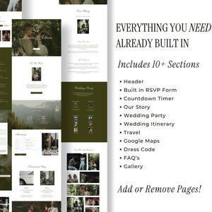 May include: A website design layout with a green and white color scheme. The design includes sections for a wedding, with the text "Lauren & Ethan" and "Everything You Need Already Built In". The design includes 10+ sections, including a header, RSVP form, and gallery.