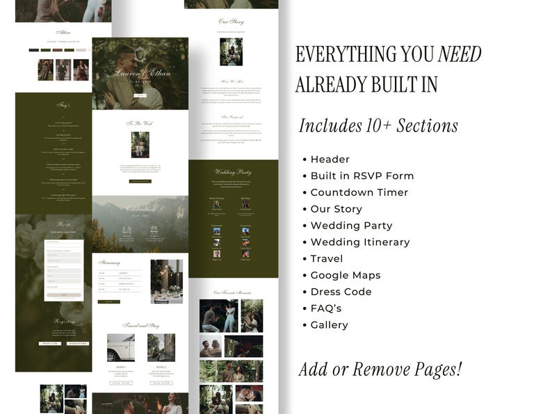 May include: A website design layout with a green and white color scheme. The design includes sections for a wedding, with the text "Lauren & Ethan" and "Everything You Need Already Built In". The design includes 10+ sections, including a header, RSVP form, and gallery.