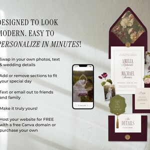 Puede incluir: Un conjunto de invitaciones de boda con detalles en borgo&ntilde;a. El conjunto incluye una invitaci&oacute;n, una tarjeta de confirmaci&oacute;n de asistencia y una tarjeta de detalles. Un smartphone muestra una foto de boda. Texto: Dise&ntilde;ado para lucir moderno. &iexcl;F&aacute;cil de personalizar en minutos!