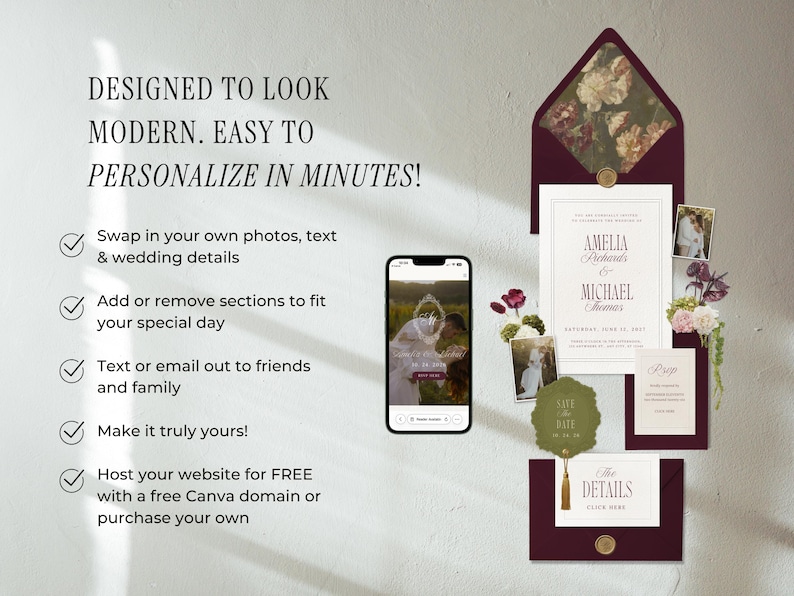 Puede incluir: Un conjunto de invitaciones de boda con detalles en borgo&ntilde;a. El conjunto incluye una invitaci&oacute;n, una tarjeta de confirmaci&oacute;n de asistencia y una tarjeta de detalles. Un smartphone muestra una foto de boda. Texto: Dise&ntilde;ado para lucir moderno. &iexcl;F&aacute;cil de personalizar en minutos!