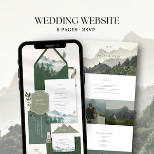 May include: A digital wedding website template featuring 8 pages and an RSVP function. The design displays a mountain landscape theme with dark green envelopes, white stationery, and serif typography. Text includes WEDDING WEBSITE, 8 PAGES, RSVP, MEGAN & TYLER, and various event details.