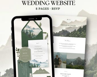 Website-sjabloon voor een bruiloft in de groene bergen met RSVP | Digitale trouwuitnodiging in Sage Forest | Rustieke Save the Date | Modern Canva-sjabloon