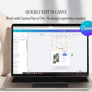 May include: A laptop displaying a Canva design interface. The screen shows a floral-themed template with text and images. The text on the screen says "Quickly edit in Canva" and "Work with Canva Free or Pro. No design experience needed."