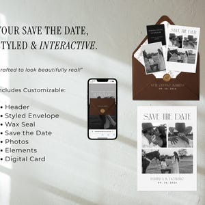 May include: A styled wedding invitation suite featuring a brown envelope, a smartphone displaying a digital card, and a printed "Save the Date" card with photos. The suite includes customizable elements like a header, envelope, wax seal, and digital card.