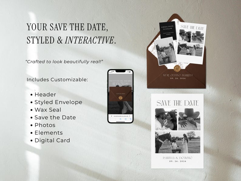 May include: A styled wedding invitation suite featuring a brown envelope, a smartphone displaying a digital card, and a printed "Save the Date" card with photos. The suite includes customizable elements like a header, envelope, wax seal, and digital card.