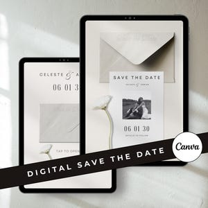 May include: Two digital tablets displaying wedding save-the-date designs. One tablet shows a card with a photo and the text "SAVE THE DATE" and the date "06 01 30". The other tablet shows the date "06 01 3" and the text "TAP TO OPEN".