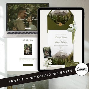 May include: A laptop and tablet display a wedding website and invitation design. The website features a couple's photo and the text "Lauren & Ethan" and "11.03.2030." The invitation includes the names "Lauren Carter & Ethan Wesley" and the date "20". The Canva logo is visible.