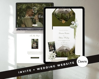 Olive Green Mountain Wedding Website Template Forest Digital Invitation Canva Wedding Invite with RSVP (Digital Download)