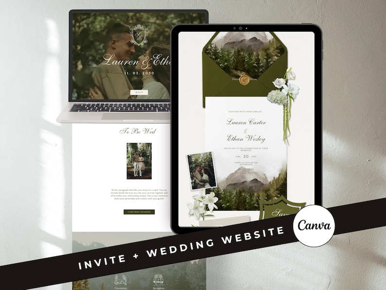 May include: A laptop and tablet display a wedding website and invitation design. The website features a couple's photo and the text "Lauren & Ethan" and "11.03.2030." The invitation includes the names "Lauren Carter & Ethan Wesley" and the date "20". The Canva logo is visible.