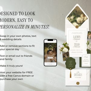 May include: A wedding invitation suite with a modern design, featuring a smartphone, invitation cards, and floral accents. The text reads "Designed to look modern. Easy to personalize in minutes!" and includes details for Lauren Richards and Tyler Peterson.