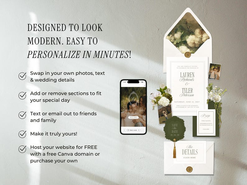 May include: A wedding invitation suite with a modern design, featuring a smartphone, invitation cards, and floral accents. The text reads "Designed to look modern. Easy to personalize in minutes!" and includes details for Lauren Richards and Tyler Peterson.