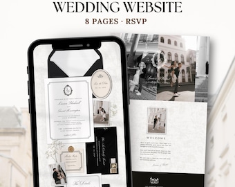 Trouwwebsitesjabloon 'Old Money' met RSVP | Digitale zwart-witte trouwuitnodiging | Elegant bewerkbaar Canva-sjabloon voor 'Save the Date'