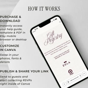 Puede incluir: Un tel&eacute;fono inteligente muestra un sitio web de registro de regalos de boda con el texto "Gift Registry". La pantalla muestra opciones para ver registros en Zola y Target. La imagen tambi&eacute;n incluye texto que explica c&oacute;mo comprar, personalizar y compartir el enlace del registro.