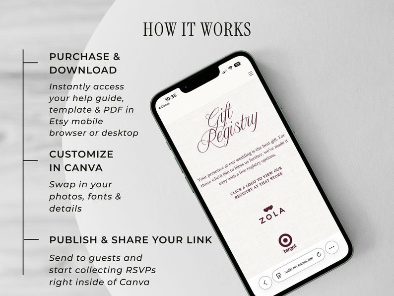 Puede incluir: Un tel&eacute;fono inteligente muestra un sitio web de registro de regalos de boda con el texto "Gift Registry". La pantalla muestra opciones para ver registros en Zola y Target. La imagen tambi&eacute;n incluye texto que explica c&oacute;mo comprar, personalizar y compartir el enlace del registro.