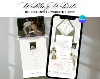 Invitación de boda digital en rosa y verde con confirmación de asistencia, plantilla floral para sitio web de bodas en Canva, elegante invitación botánica con cuenta regresiva.