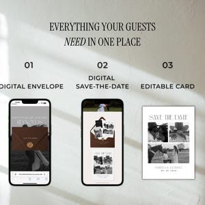 May include: Image showcasing digital wedding stationery options. Includes a digital envelope on a smartphone, a digital save-the-date on a smartphone, and a printed editable card. The text reads "Everything Your Guests Need in One Place."
