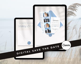 Beach Photo Strip Save the Date, Digital Coastal Blue Wedding Invitation (Canva Template, RSVP Digital Download)