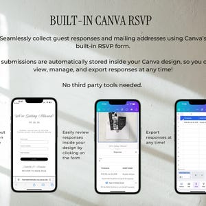 Puede incluir: Imagen que muestra tres tel&eacute;fonos inteligentes que muestran las funciones de un formulario RSVP de Canva integrado. El texto destaca la capacidad de recopilar respuestas de los invitados y direcciones postales, ver, administrar y exportar respuestas.